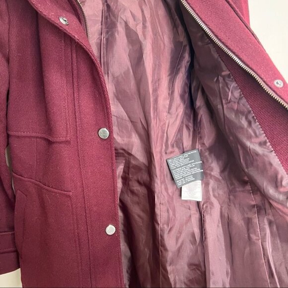 Kenneth Cole Burgundy Wool Blend Faux Fur Hooded Coat Size XS - Picture 11 of 13